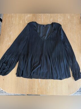 Quince Black Chiffon Pleated V-Neck Blouse
